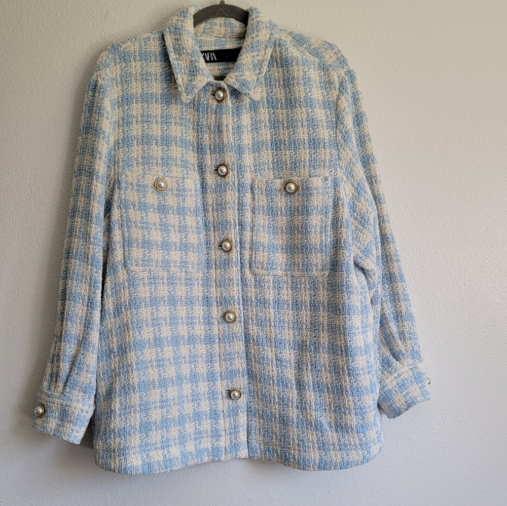 Zara Light Blue and Cream Tweed Button-Up Jacket